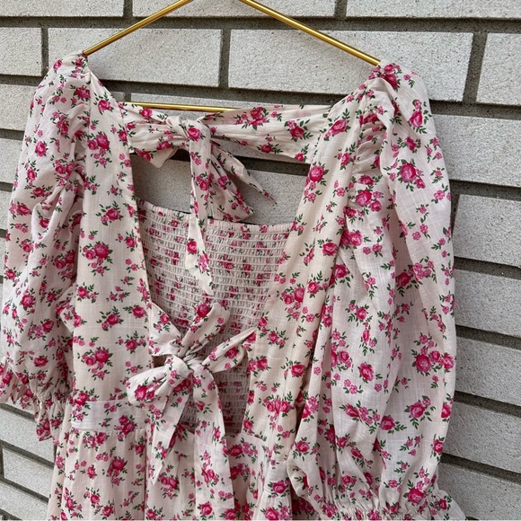 New Look Pink Floral Shirred Puff Sleeve Tie-Back Cotton Smock Mini Dress 14 - Picture 9 of 15